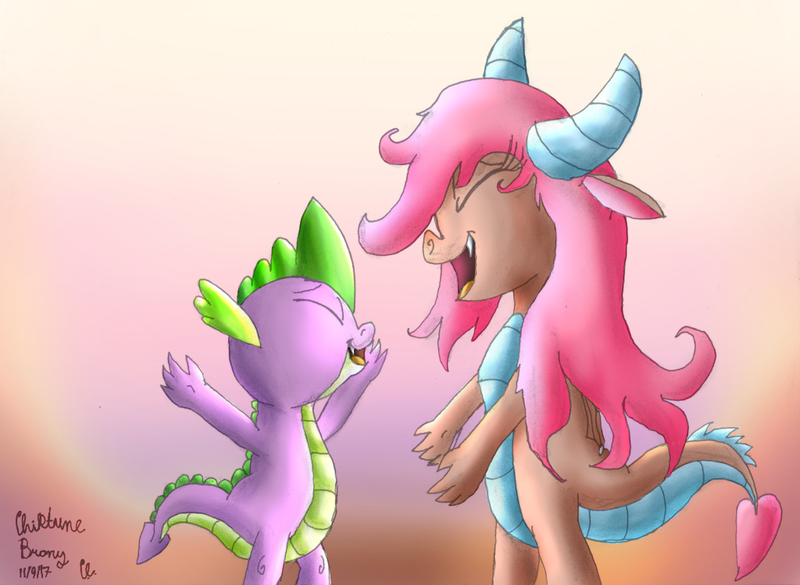 Size: 1024x749 | Tagged: artist:chiptunebrony, colored, derpibooru import, dragon, eyes closed, female, happy, implied hugging, male, mina, open arms, open mouth, safe, shipping, smiling, spike, spina, straight