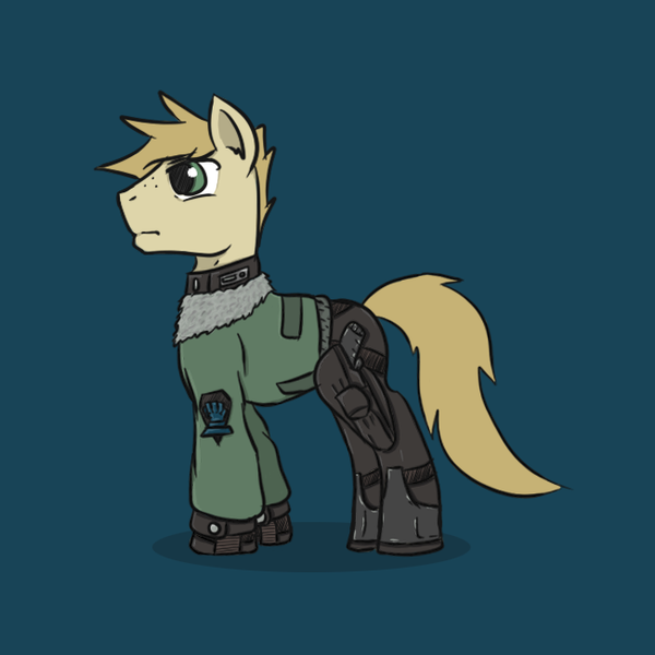 Size: 650x650 | Tagged: safe, artist:whatthescoots, derpibooru import, oc, oc:siegfried von richthoofen, unofficial characters only, earth pony, pony, battletech, bomber jacket, clothes, gun, handgun, holster, jacket, jumpsuit, lyran alliance, male, pistol, stallion, weapon