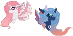 Size: 1826x904 | Tagged: artist:ipandacakes, bust, changedling, changeling, changepony, derpibooru import, female, hybrid, oc, oc:cycnia roselight, oc:diaphora moonglow, offspring, parent:pharynx, parent:princess celestia, parents:lunarynx, parents:thoralestia, parent:thorax, portrait, safe, simple background, transparent background, unofficial characters only