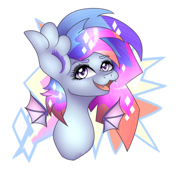 Size: 1024x1009 | Tagged: safe, artist:sachanart, derpibooru import, oc, oc:angel aura, unofficial characters only, bat pony, pony, female, floating wings, mare, solo