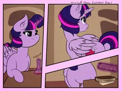 Size: 2048x1536 | Tagged: safe, artist:incendiaryboobs, derpibooru import, twilight sparkle, twilight sparkle (alicorn), alicorn, pony, comic:hearts and hooves day, book, comic, erlenmeyer flask, magic, telekinesis