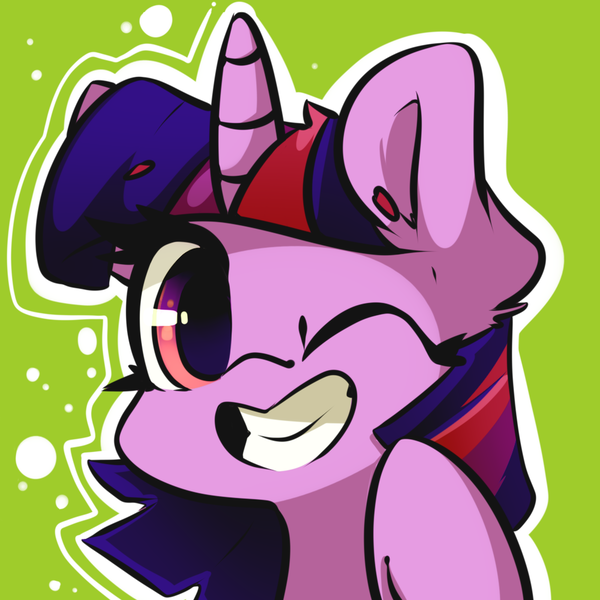 Size: 1000x1000 | Tagged: safe, artist:bloodatius, derpibooru import, twilight sparkle, pony, female, floating eyebrows, green background, grin, looking at you, mare, one eye closed, simple background, smiling, solo, wink