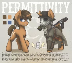 Size: 3300x2890 | Tagged: safe, artist:blvckmagic, derpibooru import, oc, oc:permittivity, unofficial characters only, unicorn, fallout equestria, fallout equestria: transient, clothes, fanfic art, gas mask, gun, helmet, mask, reference sheet, scarred, stahlhelm, updated design, weapon