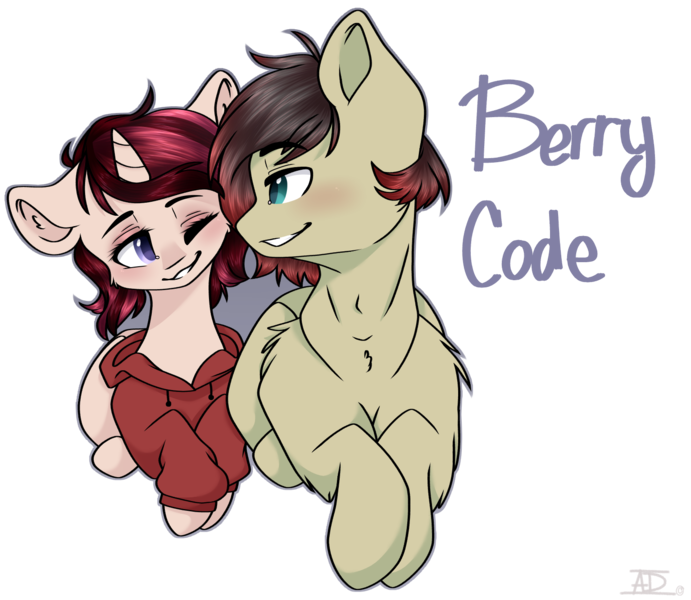 Size: 1534x1332 | Tagged: safe, artist:bubbles906, derpibooru import, oc, oc:berry blitz, oc:cheat code, unofficial characters only, earth pony, pony, unicorn, berrycode, clothes, couple, duo, hoodie