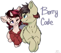 Size: 1534x1332 | Tagged: safe, artist:bubbles906, derpibooru import, oc, oc:berry blitz, oc:cheat code, unofficial characters only, earth pony, pony, unicorn, berrycode, clothes, couple, duo, hoodie