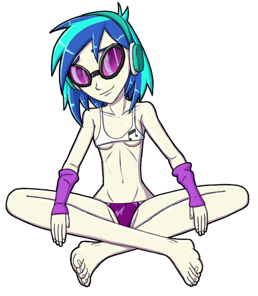 Size: 2616x3000 | Tagged: suggestive, artist:artemis-polara, derpibooru import, vinyl scratch, human, equestria girls, barefoot, bikini, breasts, clothes, crossed legs, feet, female, simple background, sitting, smiling, solo, solo female, sunglasses, swimsuit, transparent background