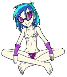 Size: 2616x3000 | Tagged: suggestive, artist:artemis-polara, derpibooru import, vinyl scratch, human, equestria girls, barefoot, bikini, breasts, clothes, crossed legs, feet, female, simple background, sitting, smiling, solo, solo female, sunglasses, swimsuit, transparent background