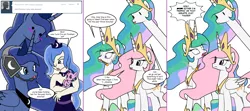 Size: 1808x800 | Tagged: safe, artist:dekomaru, derpibooru import, princess celestia, princess luna, oc, oc:aurora, human, pony, ask drunk celestia, ask human luna, ask princess molestia, ask selestia and runa, gamer luna, princess molestia, tumblr:ask twixie, ask, baby, baby pony, cigar, drunk celestia, female, filly, giraffelestia, human luna, humanized, long neck, magical lesbian spawn, offspring, parent:trixie, parent:twilight sparkle, parents:twixie, princess necklestia, runa, selestia, tumblr