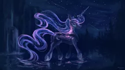 Size: 1920x1080 | Tagged: safe, artist:plainoasis, derpibooru import, princess luna, alicorn, pony, crown, female, folded wings, jewelry, looking at you, mare, night, regalia, shooting star, shooting stars, smiling, solo, starry night, stars, walking on water, windswept mane