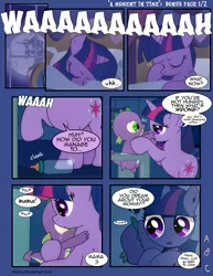 Size: 1275x1650 | Tagged: safe, artist:dsana, derpibooru import, spike, twilight sparkle, dragon, pony, comic:a moment in time, baby, baby bottle, baby spike, comic, crying, female, filly, filly twilight sparkle, mama twilight, mare in the moon, moon, younger