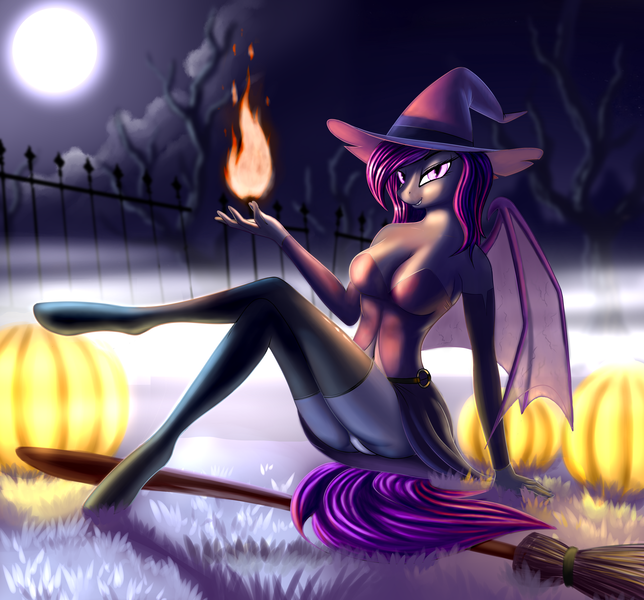 Size: 2058x1918 | Tagged: questionable, artist:pony-way, derpibooru import, oc, oc:platinum wing, unofficial characters only, anthro, bat pony, unguligrade anthro, anthro oc, bat pony oc, breasts, broom, crossed legs, female, fire, flying, flying broomstick, hat, looking at you, moon, night, smiling, solo, solo female, witch, witch hat, ych result