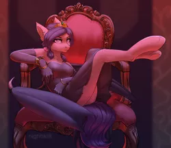 Size: 2160x1868 | Tagged: suggestive, artist:nightskrill, derpibooru import, oc, oc:tenebra von umbram, unofficial characters only, anthro, bat pony, unguligrade anthro, anthro oc, bat pony oc, bracelet, breasts, clothes, crown, dress, ear piercing, evening gloves, female, gloves, jewelry, long gloves, looking at you, mare, piercing, regalia, schrödinger's pantsu, solo, solo female, throne, ych result