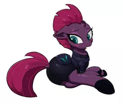 Size: 950x800 | Tagged: armor, artist:mingy.h, broken horn, derpibooru import, embarrassed, female, floppy ears, lying, my little pony: the movie, plot, simple background, solo, solo female, suggestive, tempass, tempest shadow, white background