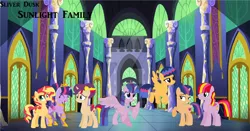 Size: 1024x536 | Tagged: safe, artist:sliverdusk95, derpibooru import, sunset shimmer, twilight sparkle, twilight sparkle (alicorn), oc, oc:andromeda, oc:estella, oc:evening blaze, oc:phoenix, oc:titania, alicorn, base used, eyes closed, family, female, future, half-siblings, implied flashlight, implied shipping, implied straight, lesbian, magical lesbian spawn, next generation, offspring, parent:flash sentry, parent:sunset shimmer, parent:twilight sparkle, parents:flashlight, parents:sunsetsparkle, shipping, sunsetsparkle