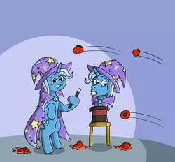 Size: 1024x952 | Tagged: safe, artist:verycomicrelief, derpibooru import, trixie, oc, pony, unicorn, bipedal, bunny out of the hat, female, food, hat, magic trick, mare, stage, tomato, top hat, wand