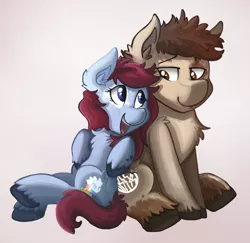 Size: 1600x1555 | Tagged: safe, artist:saxopi, derpibooru import, oc, oc:joy devo, oc:maizzey starr, unofficial characters only, earth pony, pony, chest fluff, ear fluff, female, joystarr, looking at each other, male, mare, open mouth, shipping, sitting, smiling, stallion, straight, unshorn fetlocks