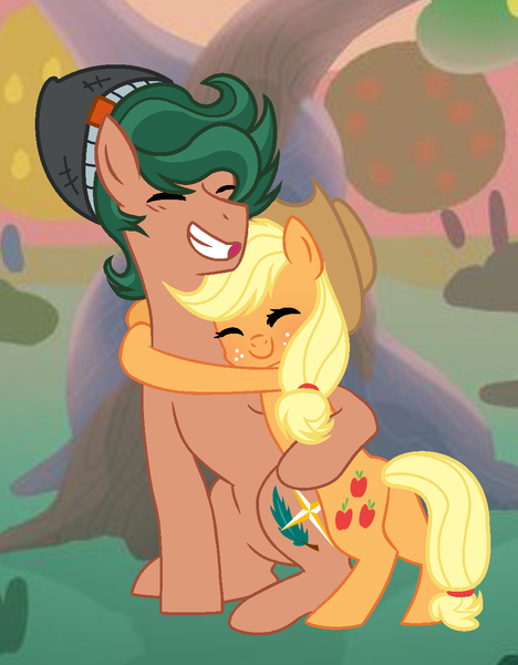 Size: 1004x1286 | Tagged: safe, artist:theapplebeauty, derpibooru import, applejack, timber spruce, ponified, pony, applespruce, crack shipping, equestria girls ponified, female, hug, male, shipping, straight