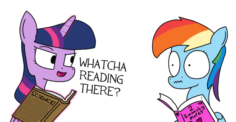 Size: 1765x910 | Tagged: suggestive, artist:moonatik, derpibooru import, rainbow dash, twilight sparkle, twilight sparkle (alicorn), alicorn, pegasus, pony, book, copypasta, cute, dialogue, duo, embarrassed, implied lesbian, looking at each other, open mouth, reading, romance novel, science, simple background, talking, transparent background