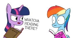 Size: 1765x910 | Tagged: suggestive, artist:moonatik, derpibooru import, rainbow dash, twilight sparkle, twilight sparkle (alicorn), alicorn, pegasus, pony, book, copypasta, cute, dialogue, duo, embarrassed, implied lesbian, looking at each other, open mouth, reading, romance novel, science, simple background, talking, transparent background