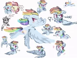 Size: 1024x768 | Tagged: safe, artist:cutebeerfloat, artist:supernoncutie, derpibooru import, fluttershy, rainbow dash, pegasus, pony, annoyed, confident, emotions, female, flutterdash, flying, grin, lesbian, onomatopoeia, shipping, simple background, sketch, sketch dump, smiling, smooch, smug, solo focus, spread wings, white background, wings