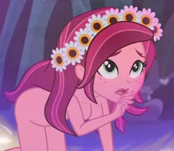 Size: 848x732 | Tagged: suggestive, derpibooru import, edit, edited screencap, editor:marno, screencap, gloriosa daisy, equestria girls, legend of everfree, ass, bent over, boob freckles, breasts, busty gloriosa daisy, butt, female, floral head wreath, flower, freckles, glori-ass, nudity, sexy, solo, solo female, strategically covered, stupid sexy gloriosa daisy, the ass was fat