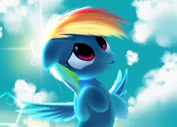 Size: 2800x2000 | Tagged: safe, artist:php69, derpibooru import, rainbow dash, pegasus, pony, cloud, female, flying, mare, pouting, scrunchy face, sky, solo, sun