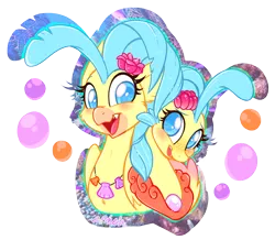Size: 1082x944 | Tagged: abstract background, artist:esmeia, bust, classical hippogriff, cute, derpibooru import, duality, female, hippogriff, my little pony: the movie, princess skystar, safe, seapony (g4), smiling, solo