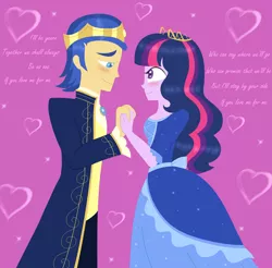 Size: 1196x1176 | Tagged: safe, artist:purfectprincessgirl, derpibooru import, flash sentry, twilight sparkle, equestria girls, barbie, crown, female, flashlight, jewelry, looking at each other, male, regalia, shipping, smiling, straight