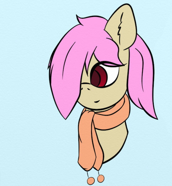 Size: 708x766 | Tagged: safe, artist:leapingriver, derpibooru import, oc, oc:sugar loaf, unofficial characters only, earth pony, pony, bangs, blue background, bust, clothes, colored pupils, covering eyes, ear fluff, female, hair over one eye, portrait, scarf, simple background, smiling, solo