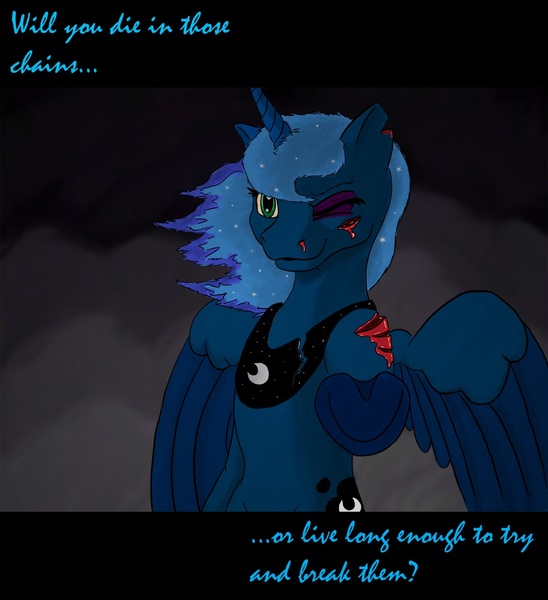 Size: 1170x1280 | Tagged: grimdark, artist:fletchesketch, derpibooru import, princess luna, alicorn, pony, blood, injured, short hair, solo, take my hoof