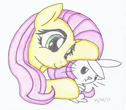 Size: 690x600 | Tagged: safe, artist:astevenamedwolf, derpibooru import, angel bunny, fluttershy, pegasus, pony, bust, duo, looking at something, petting, simple background, smiling, traditional art, white background, wrong eye color