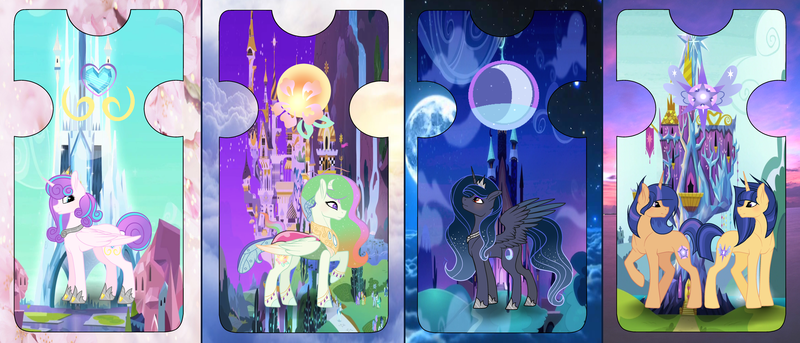 Size: 7584x3256 | Tagged: safe, artist:velveagicsentryyt, derpibooru import, princess flurry heart, oc, oc:flosun pollen, oc:galaxy swirls, oc:moonlight sonata, oc:velvet sentry, alicorn, changepony, hybrid, pony, unicorn, female, high res, mare, offspring, older, parent:flash sentry, parent:king sombra, parent:princess celestia, parent:princess luna, parent:thorax, parent:twilight sparkle, parents:flashlight, parents:lumbra, parents:thoralestia