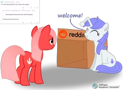Size: 2884x2116 | Tagged: safe, artist:arifproject, derpibooru import, oc, oc:discentia, oc:downvote, ponified, unofficial characters only, earth pony, pony, derpibooru, box, cardboard box, derpibooru ponified, downvote, duo, inkscape, meta, reddit, simple background, smiling, transparent background, vector