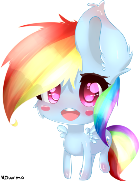 Size: 757x981 | Tagged: safe, artist:kourma, derpibooru import, rainbow dash, pegasus, pony, big ears, blushing, chibi, cute, female, fluffy, looking at you, solo