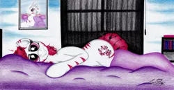 Size: 3348x1744 | Tagged: artist:thechrispony, barbed wire, bed, bedroom eyes, bookshelf, chest fluff, curtain, derpibooru import, fallout equestria, fallout equestria: project horizons, female, looking at you, mare, messy mane, morning ponies, oc, oc:rampage, picture frame, plot, smiling, solo, stripes, suggestive, traditional art, unofficial characters only