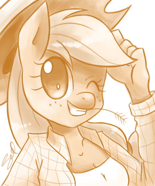 Size: 1500x1800 | Tagged: anthro, applejack, artist:steffy-beff, clothes, cowboy hat, derpibooru import, food, hat, one eye closed, safe, shirt, smiling, stetson, straw in mouth, wheat, wink