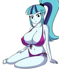 Size: 850x1020 | Tagged: source needed, suggestive, artist:nairdags, derpibooru import, sonata dusk, equestria girls, :<, absolute cleavage, anime, belly button, big breasts, bikini, breasts, busty sonata dusk, cleavage, clothes, female, huge breasts, looking down, purple swimsuit, simple background, solo, solo female, stupid sexy sonata dusk, swimsuit, white background