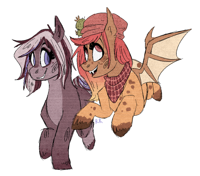 Size: 907x797 | Tagged: safe, artist:rockruffian, derpibooru import, oc, oc:berry mocha, oc:cat nettles, unofficial characters only, bat pony, bat pony oc, simple background, transparent background, unshorn fetlocks