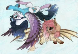 Size: 800x554 | Tagged: artist:kindny-chan, derpibooru import, flying, oc, oc:cat nettles, oc:violet spectrum, safe, traditional art, unofficial characters only, upside down