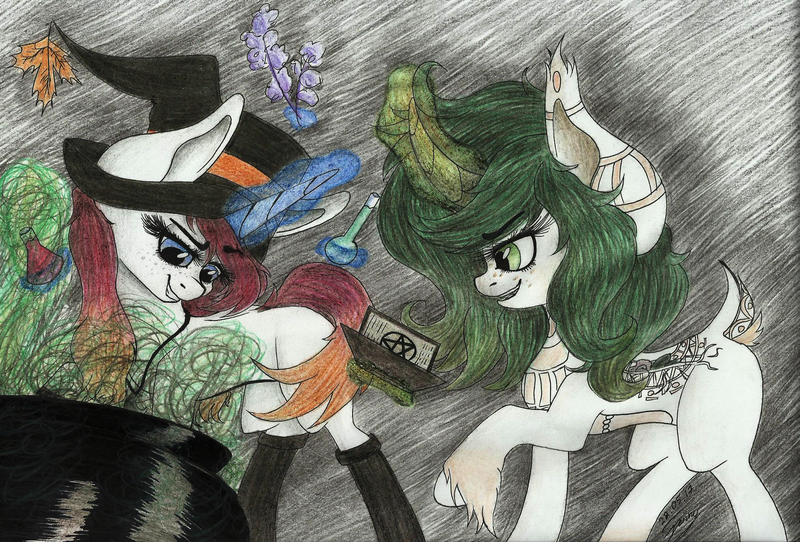 Size: 2256x1528 | Tagged: artist:kindny-chan, cauldron, derpibooru import, hat, oc, oc:faeryn, oc:witch pot, safe, traditional art, unofficial characters only, witch hat