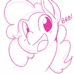 Size: 700x700 | Tagged: safe, artist:goat train, deleted from derpibooru, derpibooru import, pinkie pie, pony, brb, monochrome, open mouth, sketch, smiling