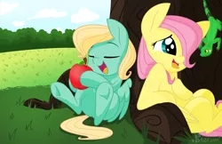 Size: 3336x2168 | Tagged: safe, artist:glitterstar2000, derpibooru import, fluttershy, zephyr breeze, lizard, pegasus, pony, apple, blank flank, brother and sister, colt, colt zephyr breeze, duo, eyes closed, female, filly, filly fluttershy, folded wings, food, hair over one eye, holding, leaning, looking at something, male, open mouth, sitting, smiling, tree, under the tree, underhoof, wings, younger