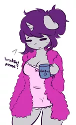 Size: 2618x4267 | Tagged: suggestive, artist:wickedsilly, derpibooru import, oc, oc:wicked silly, unofficial characters only, anthro, unicorn, adorasexy, anthro oc, breasts, cleavage, clothes, cute, dialogue, eyes closed, female, mare, mug, nightgown, ponysona, robe, sexy, simple background, solo, solo female, waifu, white background