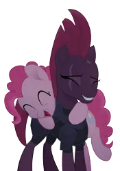 Size: 2144x3063 | Tagged: safe, artist:brisineo, derpibooru import, fizzlepop berrytwist, pinkie pie, tempest shadow, earth pony, pony, unicorn, my little pony: the movie, armor, broken horn, cute, diapinkes, duo, eye scar, eyes closed, female, hug, laughing, laughingmares.jpg, mare, open mouth, scar, simple background, smiling, tempestbetes, transparent background