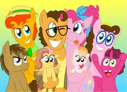 Size: 2001x1438 | Tagged: safe, artist:crazynutbob, derpibooru import, cheese sandwich, pinkie pie, oc, oc:berry blast, oc:cheesecake chase, oc:fudge fondue, oc:pizza pockets, oc:rocky road, oc:sugar surprise, pegasus, pony, unicorn, baby, baby pony, bandana, boater, bowtie, cheering, cheesepie, clothes, diaper, facial hair, family photo, female, flapping, foal, freckles, glasses, gradient background, headband, jacket, male, next generation, offspring, older, parent:cheese sandwich, parent:pinkie pie, parents:cheesepie, screwdriver, shipping, straight, teething, tooth gap, toy