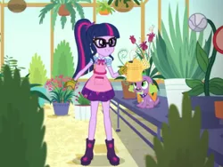 Size: 2048x1536 | Tagged: safe, derpibooru import, screencap, sci-twi, spike, spike the regular dog, twilight sparkle, dog, equestria girls, equestria girls series, my little shop of horrors, apron, boots, celestia's house, clothes, cute, flower, glasses, gloves, greenhouse, plant, plants, potted plant, shoes, spikabetes, twiabetes, watering can