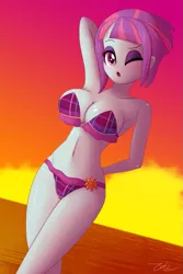 Size: 845x1267 | Tagged: suggestive, artist:zelc-face, derpibooru import, sunny flare, equestria girls, friendship games, arm behind back, arm behind head, armpits, beach babe, big breasts, bikini, bikini babe, breasts, busty sunny flare, cleavage, clothes, cutie mark swimsuit, female, frilled swimsuit, hand behind back, one eye closed, plaid swimsuit, purple swimsuit, sexy, solo, solo female, swimsuit, wink, zelc-face's swimsuits