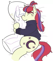Size: 743x866 | Tagged: safe, artist:jargon scott, derpibooru import, moondancer, twilight sparkle, pony, unicorn, 30 minute art challenge, bed, body pillow, clothes, cuddling, eyes closed, female, happy, lesbian, lying down, mare, shipping, side, solo, sweater, twidancer