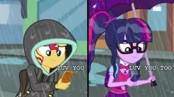 Size: 979x550 | Tagged: safe, derpibooru import, edit, screencap, sci-twi, sunset shimmer, twilight sparkle, eqg summertime shorts, equestria girls, monday blues, backpack, clothes, female, geode of telekinesis, hoodie, lesbian, magical geodes, mobile phone, phone, rain, scitwishimmer, shipping, smartphone, sunsetsparkle, umbrella