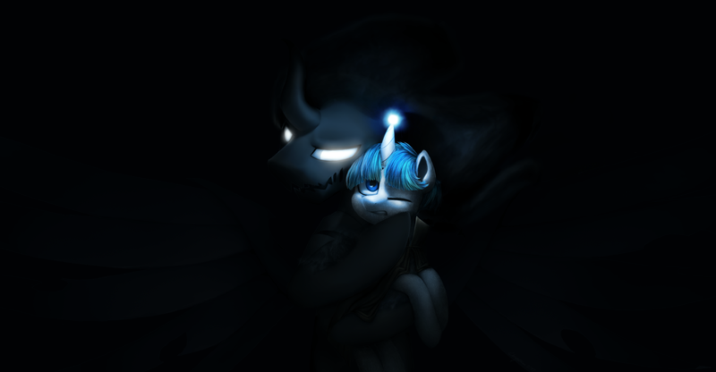 Size: 3157x1642 | Tagged: safe, artist:chryseum, derpibooru import, pony of shadows, stygian, pony, unicorn, shadow play, black background, cute, duo, duo male, glowing eyes, glowing horn, male, shadorable, simple background, stallion, stygianbetes
